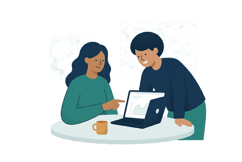Two colleagues looking at a laptop together — a friendly pilot conversation, not a sales pitch.