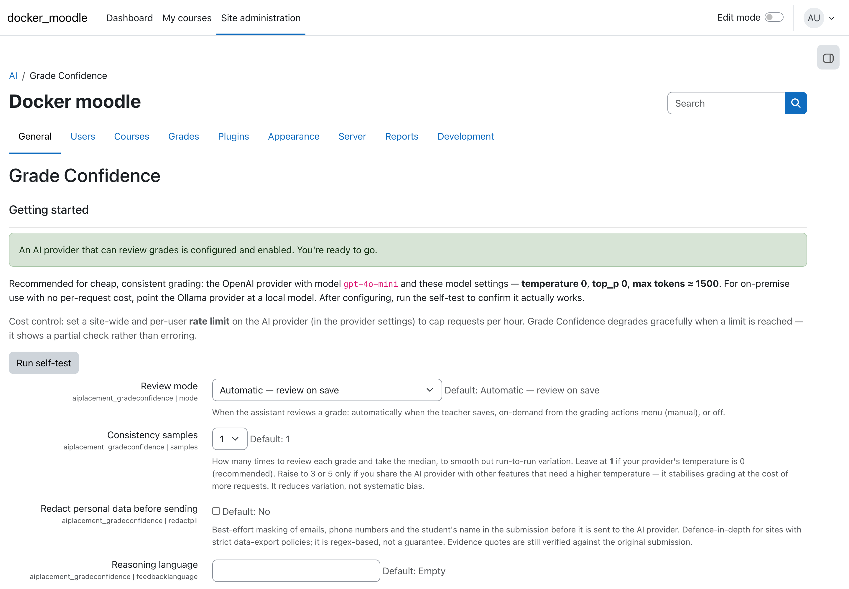 The Grade Confidence settings page showing review mode, samples, fairness, language and cost options.